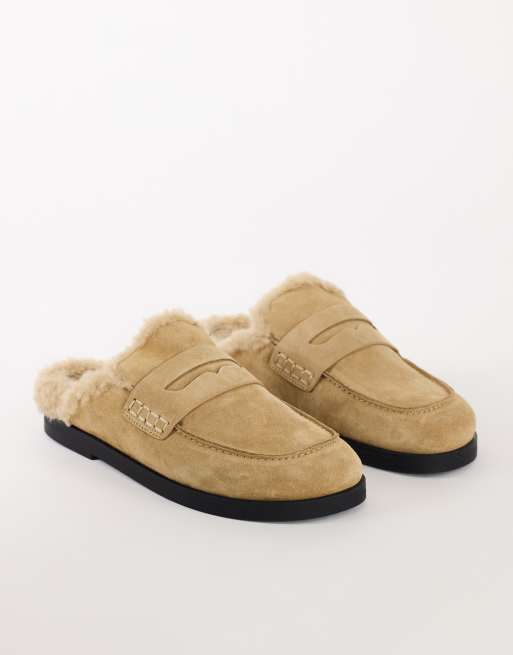 Topshop Addie mocassin mule en daim véritable avec doublure en peau de mouton, sable, 4 de 4