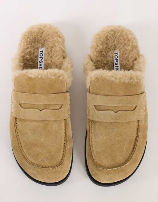 Topshop Addie mulesko i äkta mocka med shearling i sand, 2 av 4