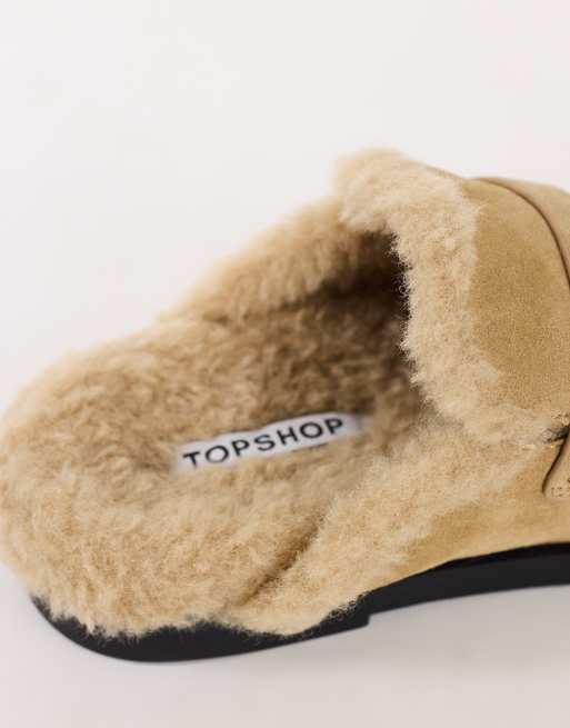 Topshop Addie mulesko i äkta mocka med shearling i sand, 3 av 4