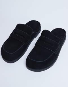 Model wearing Addie real suede mule loafer in black