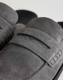 Model wearing Addie real suede mule loafer in grey