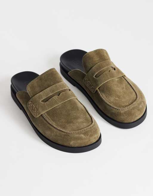 Topshop Addie real suede mule loafer in khaki, 2 of 4