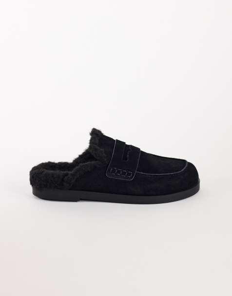 Topshop Addie real suede mule loafer with shearling in black - view 1