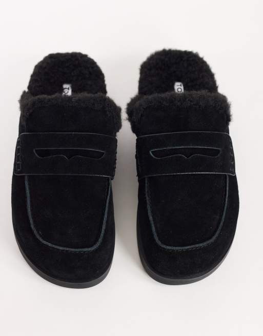 Topshop Addie real suede mule loafer with shearling in black, 3 of 4