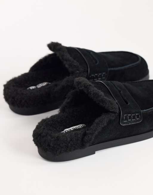 Topshop Addie real suede mule loafer with shearling in black, 4 of 4