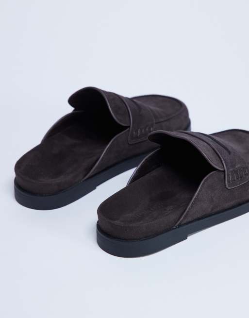 Topshop Addie real suede mule loafers in chocolate, 2 of 3