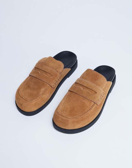Topshop Addie real suede mule loafers in tan, 2 of 3