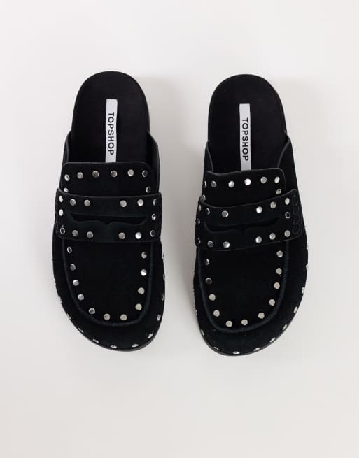 Topshop Addie real suede studded mule loafer in black, 2 of 5
