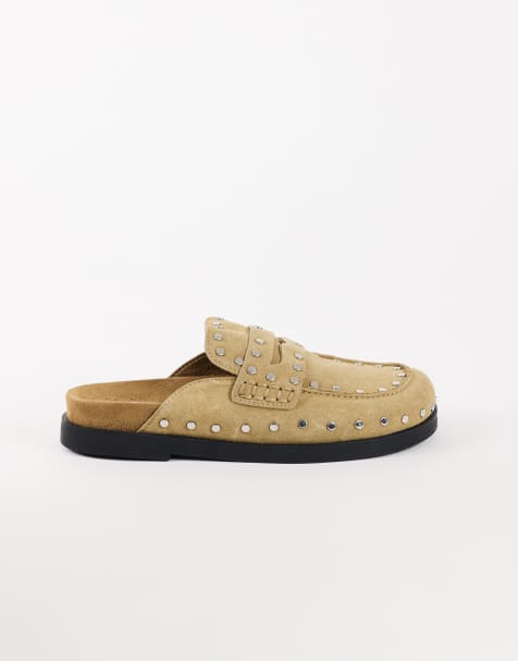 Topshop Addie real suede studded mule loafer in taupe - view 1
