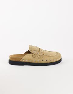 Model wearing Addie real suede studded mule loafer in taupe