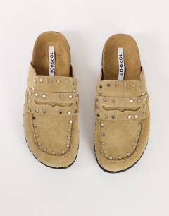 Model wearing Addie real suede studded mule loafer in taupe