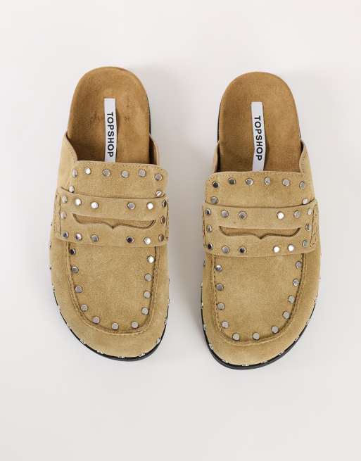 Topshop Addie real suede studded mule loafer in taupe, 2 of 5