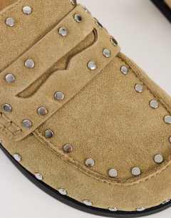 Model wearing Addie real suede studded mule loafer in taupe