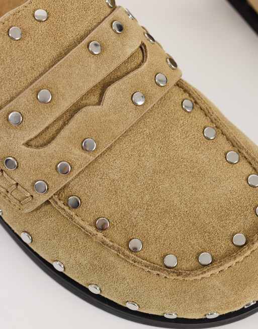 Topshop Addie real suede studded mule loafer in taupe, 3 of 5