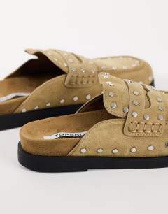 Model wearing Addie real suede studded mule loafer in taupe