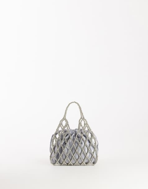 Topshop Adele small diamond bead grab bag in silver - view 1