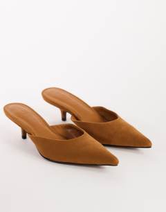 Model wearing Adeline kitten heel court shoe in chestnut faux suede