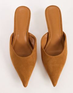 Model wearing Adeline kitten heel court shoe in chestnut faux suede