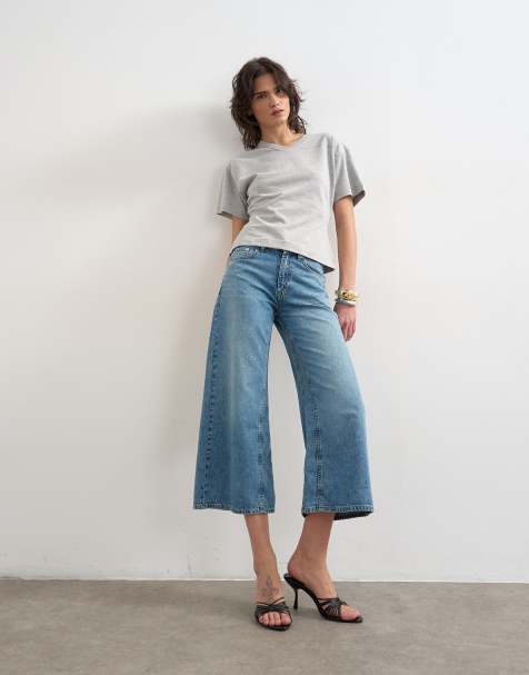 Topshop - Afblegede lette cropped jeans med vide ben - view 1