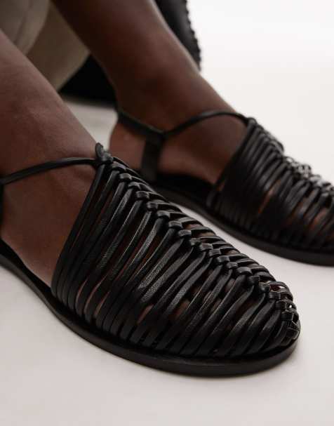 Topshop – Aidan – Czarne płaskie skórzane plecione buty z wiązaniem - view 1