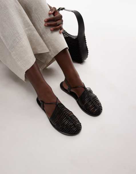 Topshop – Aidan – Flache Leder-Schnürschuhe in Schwarz mit Webstruktur - view 1