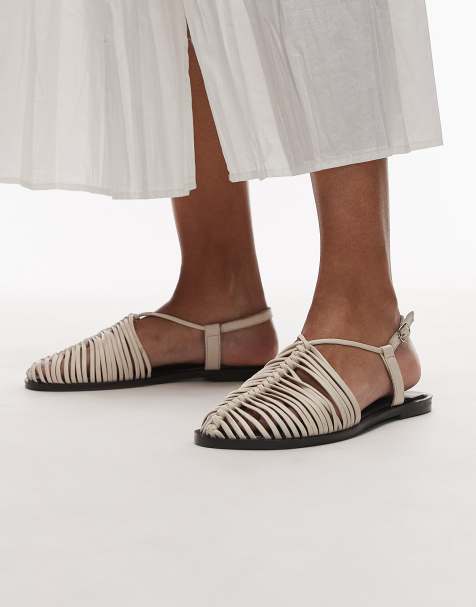 Topshop Aidan leather weave tie up flat shoe in off white - view 1