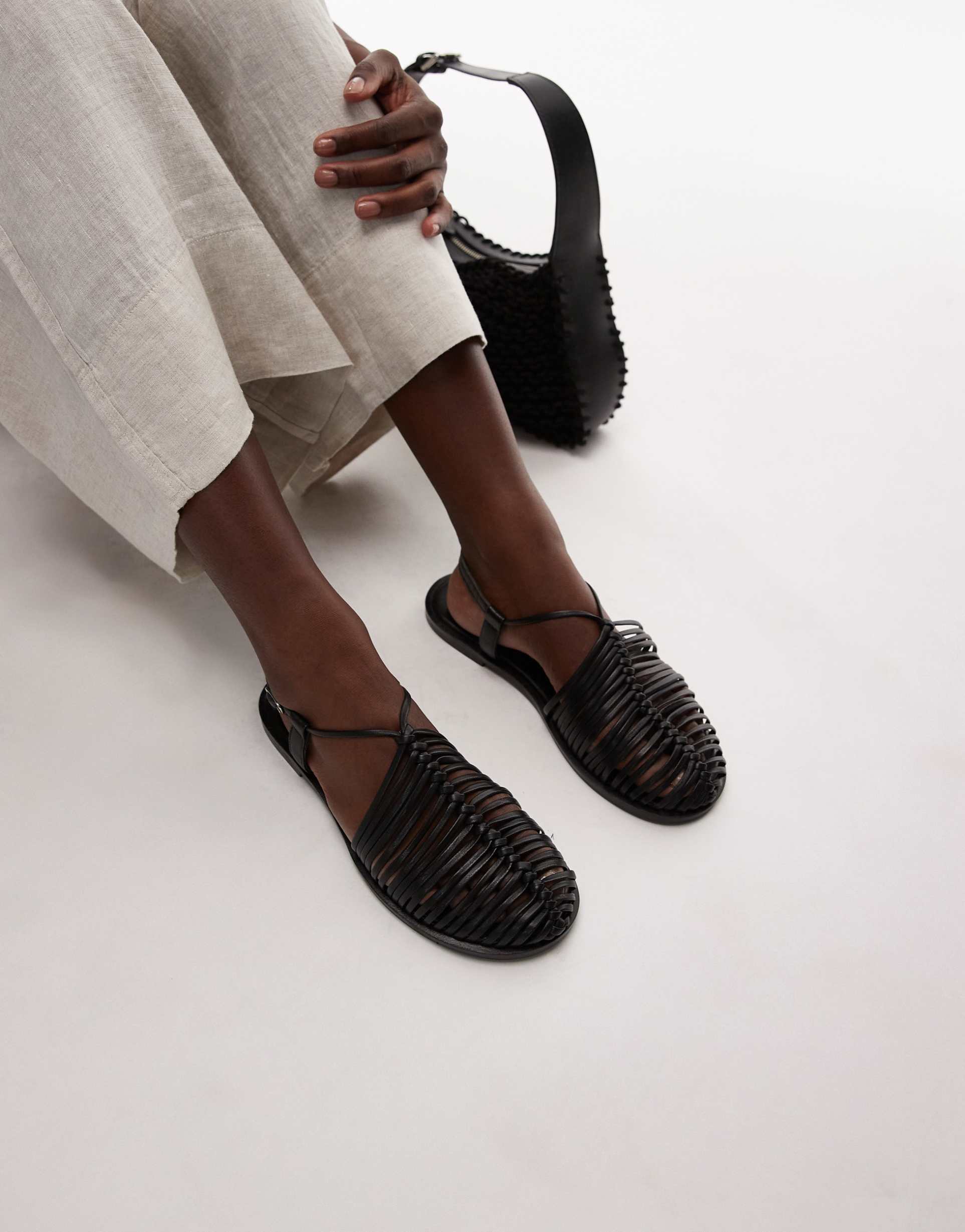 topshop aidan leather weave tie up flat shoes in black