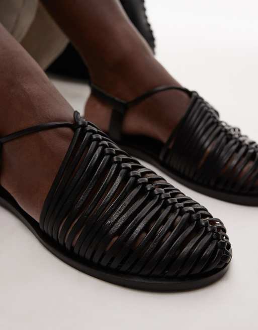 Topshop Aidan leather weave tie up flat shoes in black ASOS
