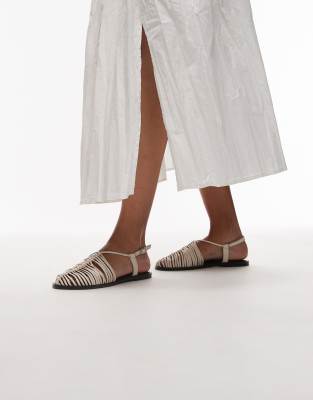 Topshop Aidan leather weave tie up flat shoes in off white