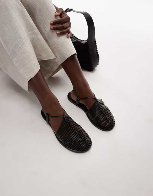 Topshop Aidan weave tie up flat shoes in black