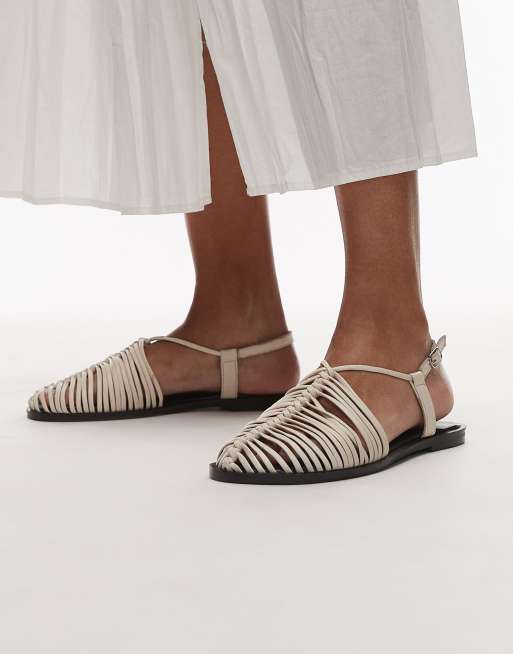 Topshop Aidan weave tie-up flat shoes in off white
