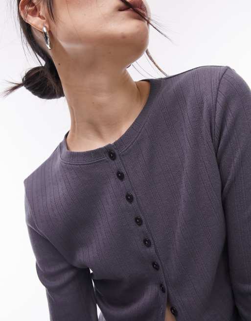 Topshop - Ajourgebreid micro vest met lange mouwen in leisteengrijs, 3 van 4