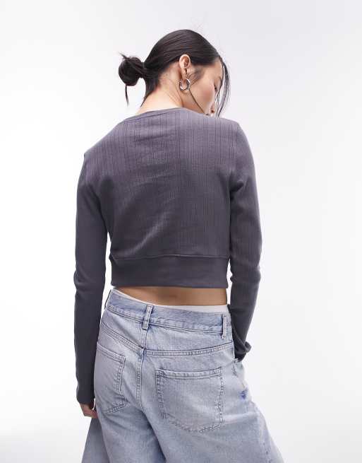 Topshop - Ajourgebreid micro vest met lange mouwen in leisteengrijs, 4 van 4