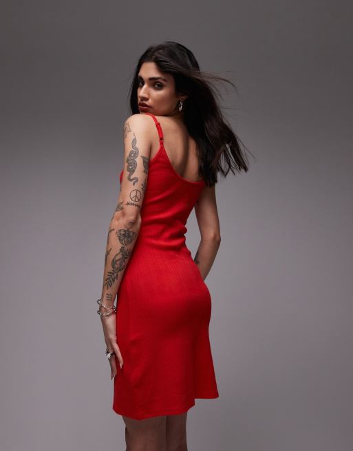 Topshop - Ajourgebreide mini-jurk met gestrikte voorkant in rood, 2 van 4