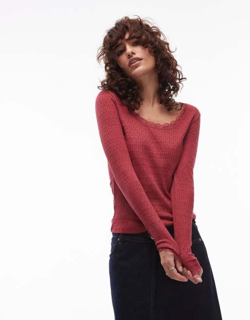 Topshop - Ajourgebreide top met kant en lange mouwen in bordeauxrood