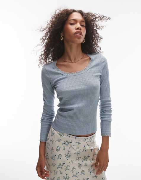 Topshop - Ajourgebreide top met lange mouwen en kant in blauw - view 1