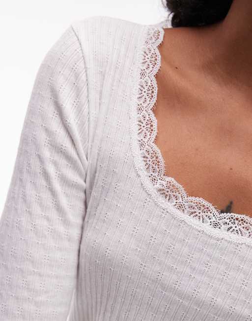 Topshop - Ajourgebreide top met lange mouwen en kant in wit, 3 van 4