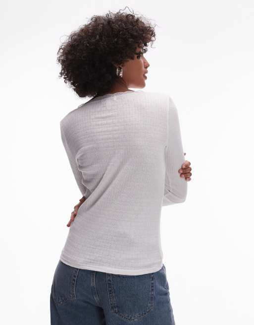 Topshop - Ajourgebreide top met lange mouwen en kant in wit, 4 van 4