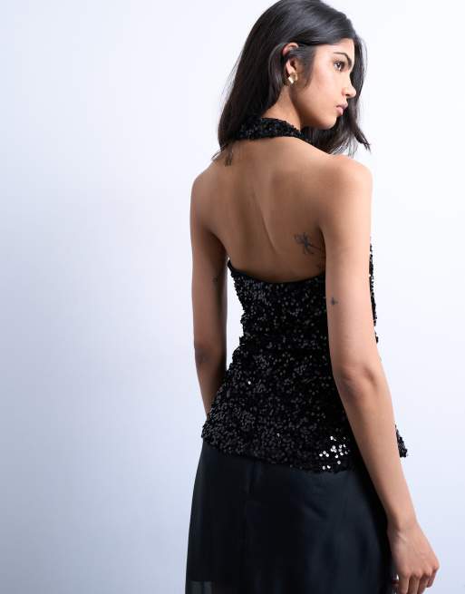 Topshop – Aksamitny czarny top z dekoltem typu halter i cekinami, 4 z 4