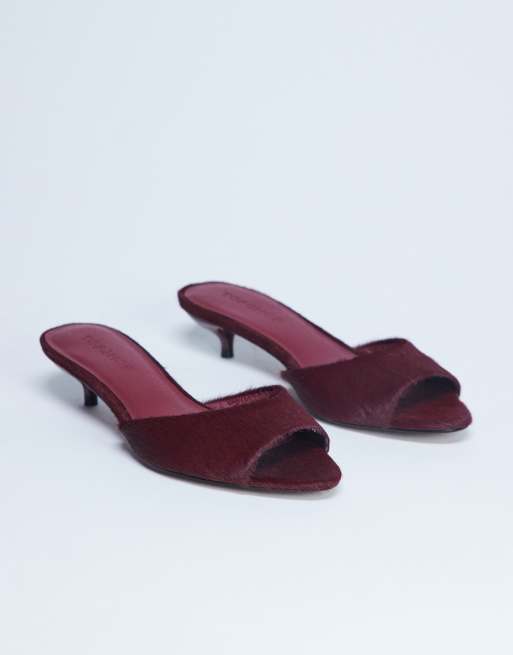 Topshop – Alba – Czerwone mule na obcasach kaczuszkach z noskami peep toe ze skóry naturalnej z włosiem
