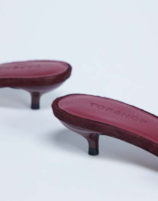 Topshop Alba real leather peep toe kitten heel mules in red pony