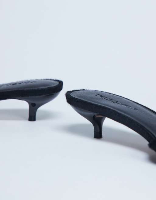 Topshop Alba peep toe kitten heel mule in black hair on real leather, 2 of 4