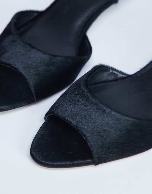 Topshop Alba peep toe kitten heel mule in black hair on real leather, 3 of 4