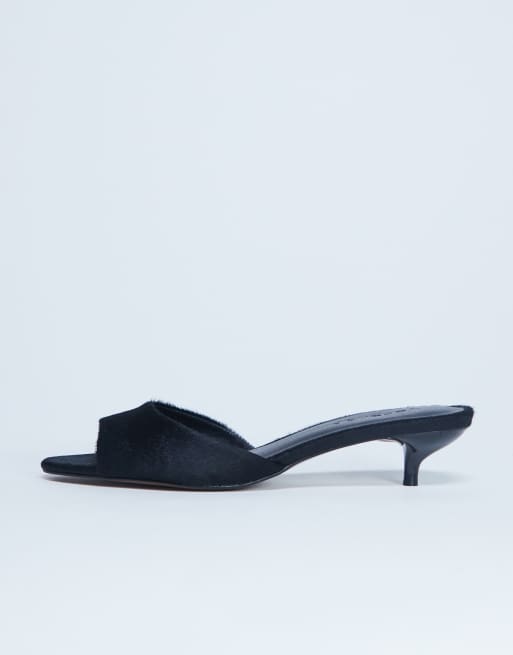 Topshop Alba peep toe kitten heel mule in black hair on real leather, 4 of 4