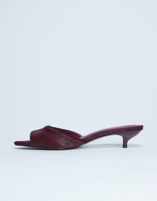 Topshop Alba peep toe kitten heel mule in red hair on real leather, 3 of 4