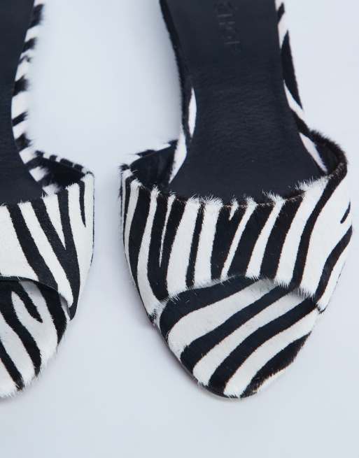 Topshop Alba peep toe kitten heel mule in zebra print hair on real leather, 4 of 4
