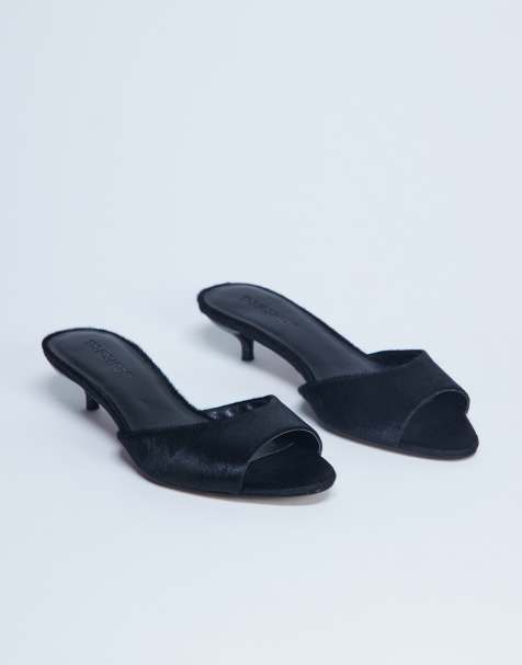 Topshop Alba real leather peep toe kitten heel mules in black pony - view 1