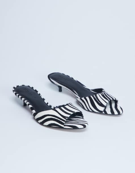 Topshop Alba real leather peep toe kitten heel mules in zebra pony - view 1