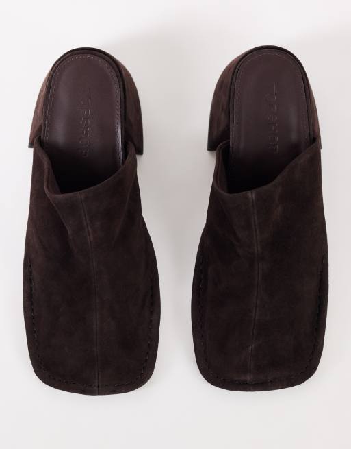Topshop Alberto mule en daim véritable à talon carré large couleur chocolat, 2 de 4