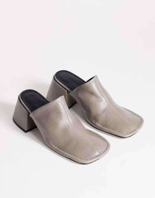 Topshop Alberto real leather wide block heel mules in grey, 2 of 4